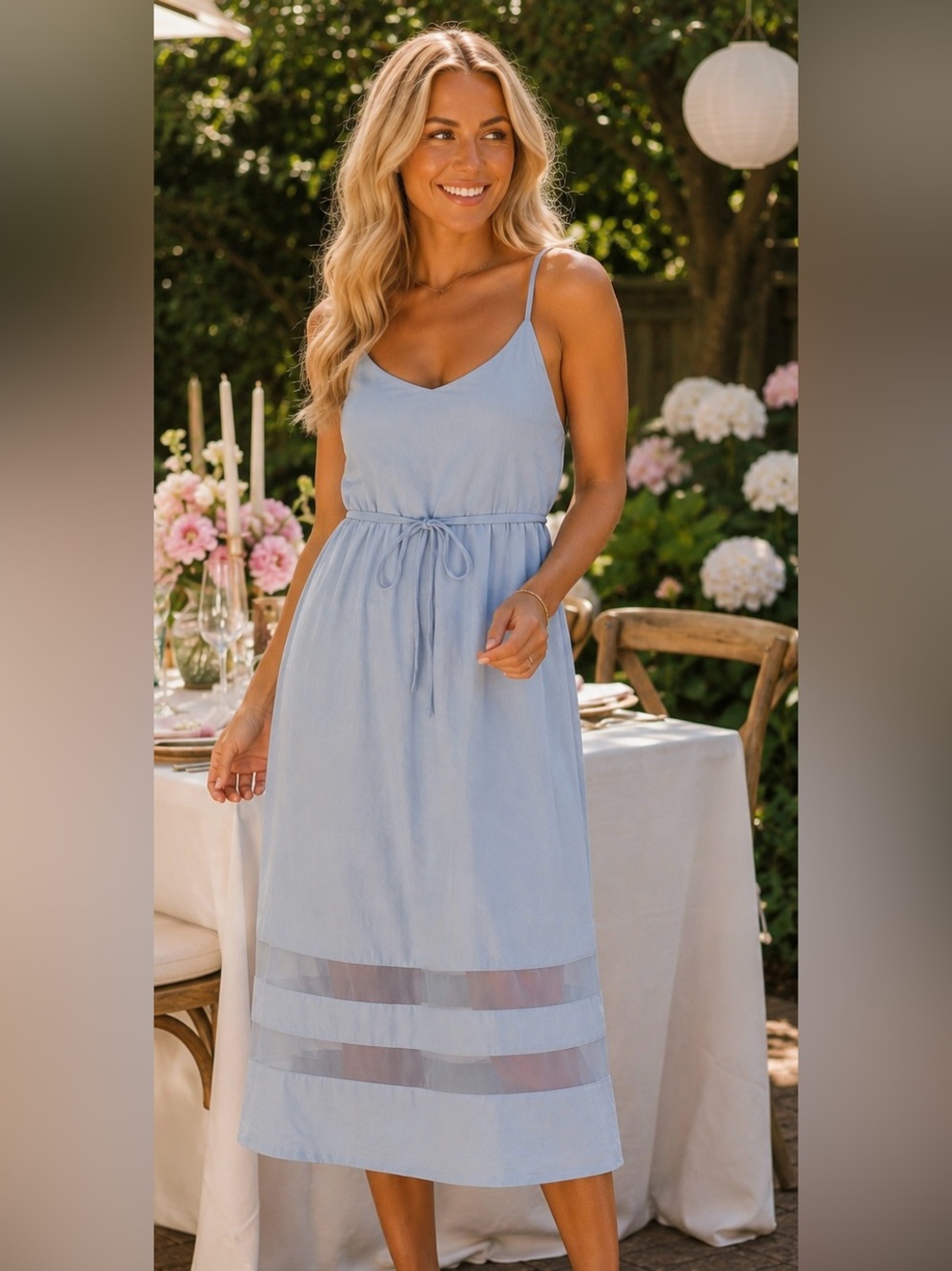 Sherry Taylor Blue Midi Dress Sheer Hem Tie Waist Size M Cottagecore Romantic